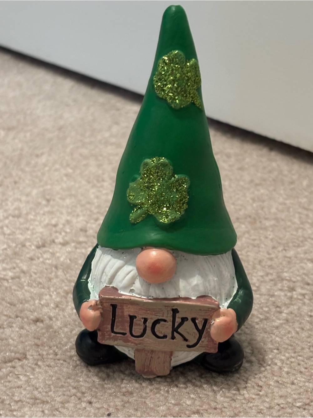 Green St. Patrick's Lucky Gnome Figurine Good Luck Clover Irish